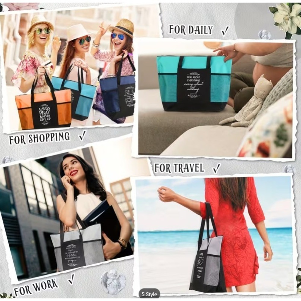 Chrisitan Tote Beach Bag x2 Scripture Bible Shopping Zip Aqua Green Gray Gift - Picture 10 of 11